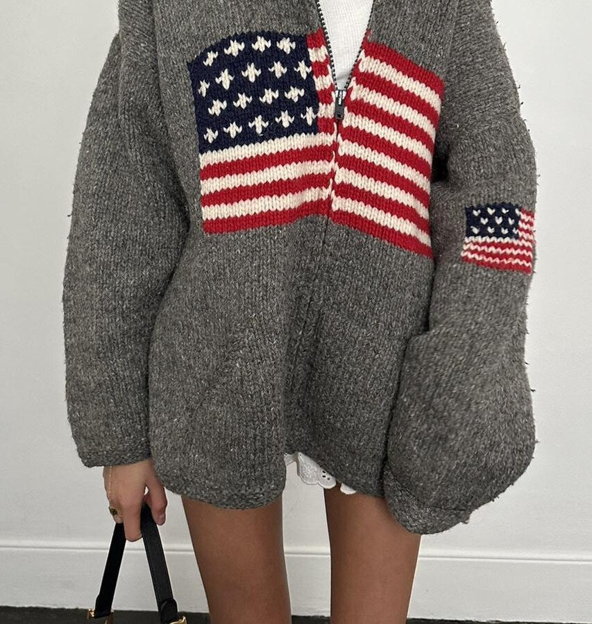 Chic Flag Graphic Knit Zippered Hoodie