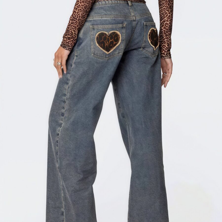 Heart Leopard Low Waist Straight Jeans