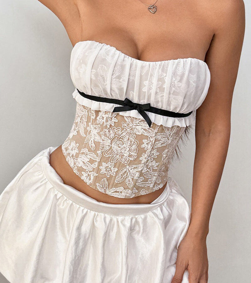 Sheer Lace Insert Boned Corset Crop Top Sexy Blouse