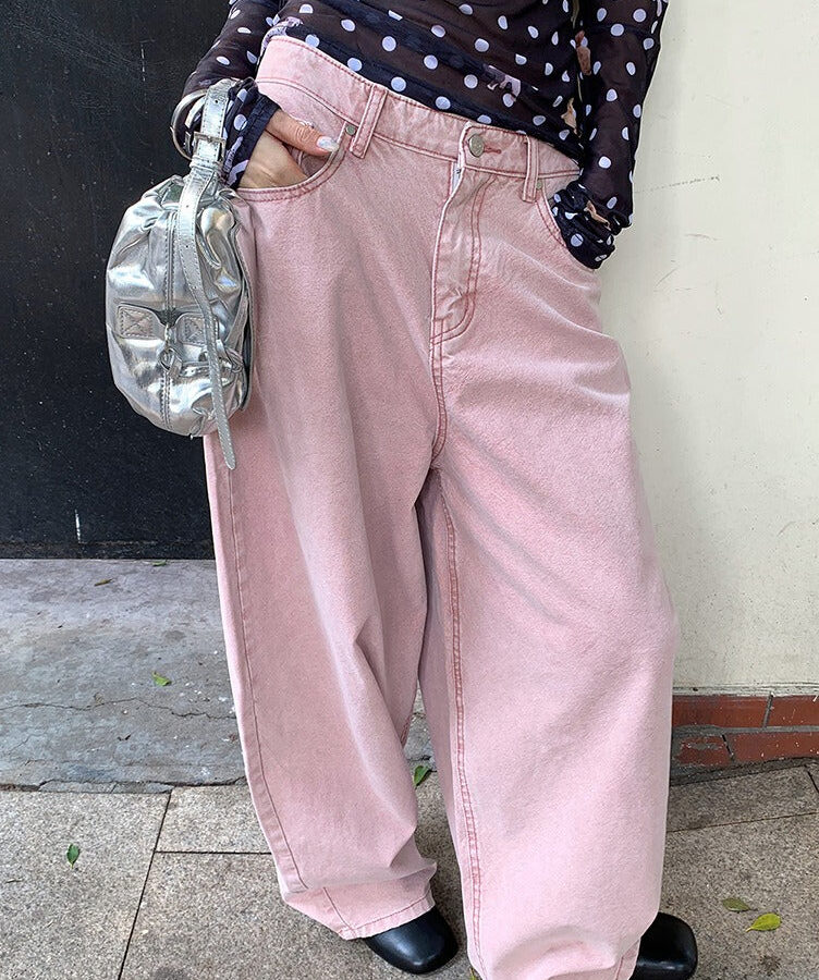Pink Heart Pocket Loose Wide Leg Jeans