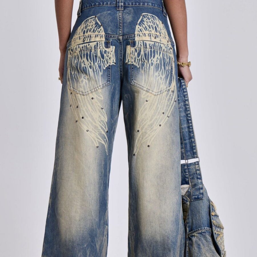 Vintage Faded Wing Print Baggy Jeans