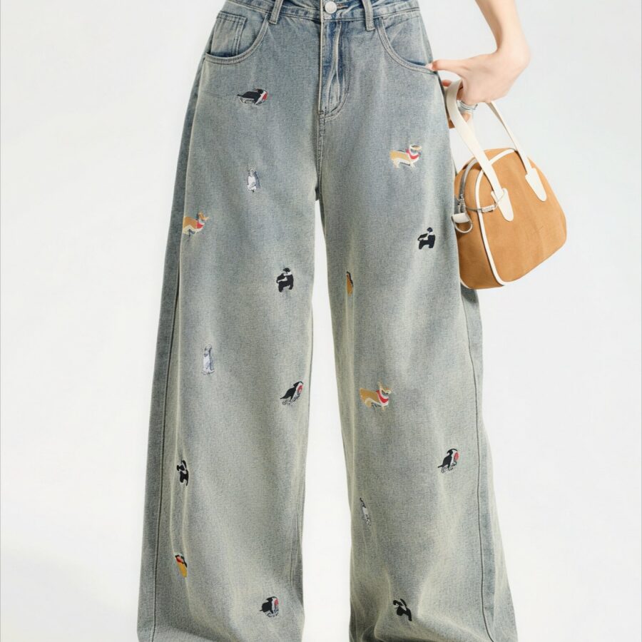 Cute Dog Embroidered Vintage Loose Jeans