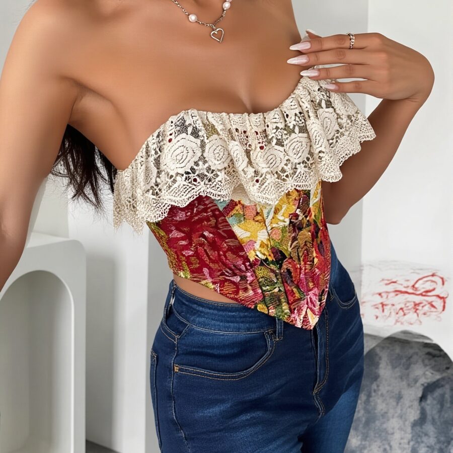 Art Print Lace Panel Boned Vintage Jacquard Cami Blouse