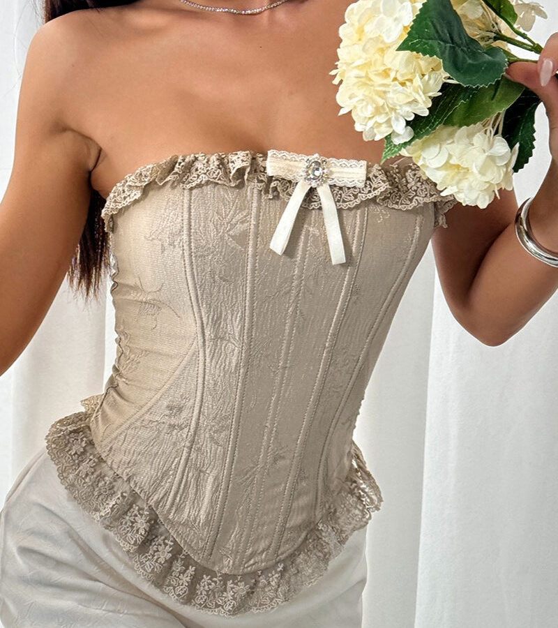 Lace Ruffle Trim Boned Strapless Corset Sexy Blouse